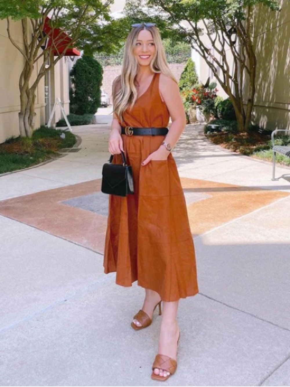 Grae Cove Rust Linen Blend Tiered Sleeveless Midi Dress Pockets Relaxed Size XXL